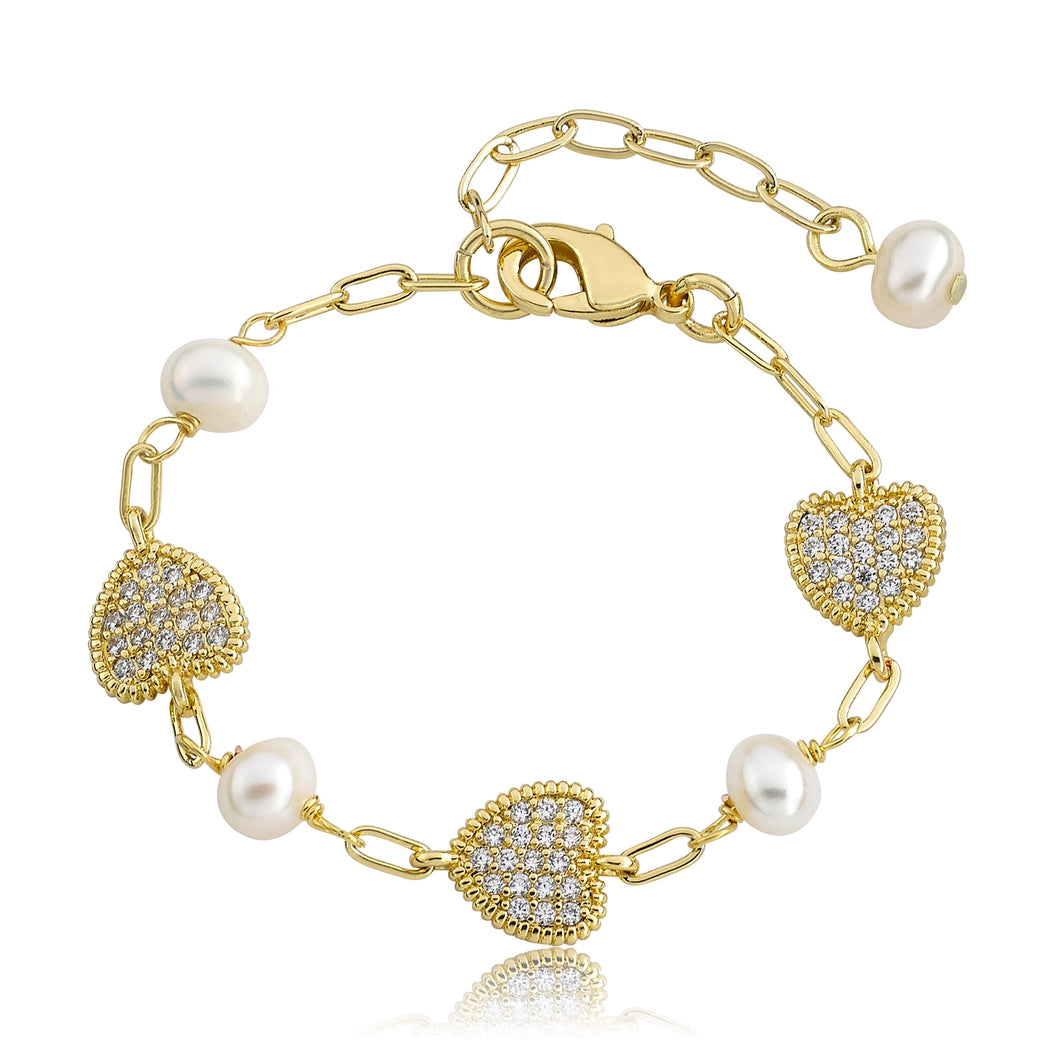 Freshwater Pearl & Micro Pave Hearts Bracelet