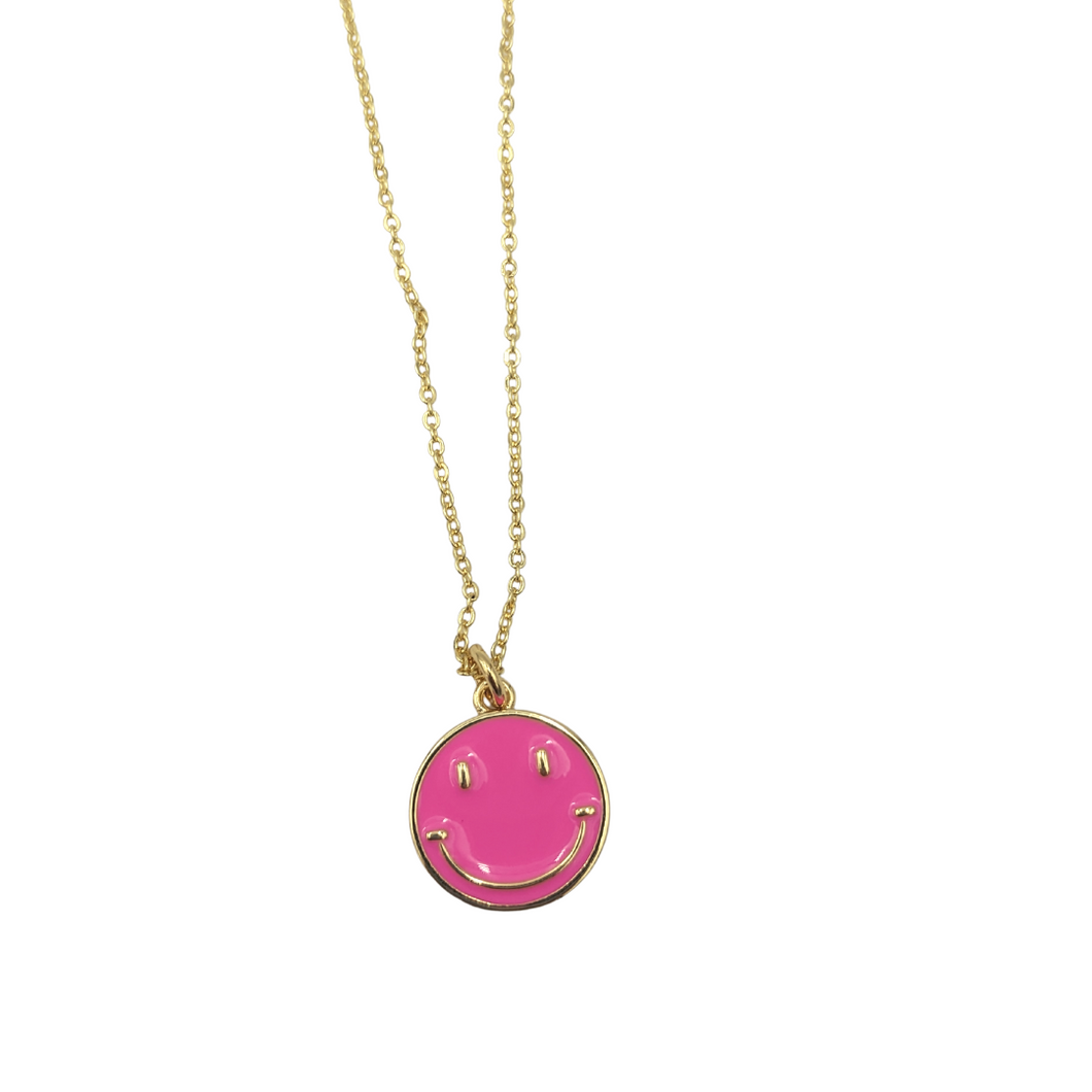Necklace - Enamel Smiley - Pink