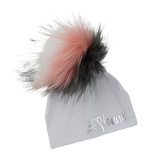 Load image into Gallery viewer, Pom Pom Hat - Pink/Grey/White

